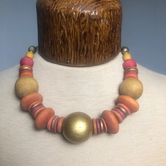 Womens Pink/Gold Wood Neck Piece. - Picture 1 of 2